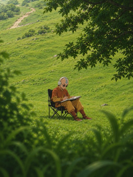 A bald man wearing headphones and sunglasses sits in a folding chair on a lush green hillside, sketching on a clipboard surrounded by trees and rolling fields.

The image pairs well with the "Gm" morning greeting, depicting someone peacefully settled into their creative workflow outdoors, ready to start the day with focused work in nature.