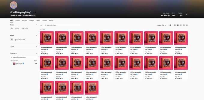 An OpenSea NFT marketplace page for the collection 'dontbuymybag' displays a grid of identical red bag items listed for 0.001 WETH each.