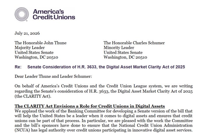 A July 21, 2026 letter from America's Credit Unions, addressed to Senate Leaders John Thune and Charles Schumer, expresses support for H.R. 3633, the Digital Asset Market Clarity Act of 2025, while applauding provisions ensuring NCUA oversight of credit unions engaging in digital asset services. The image directly corresponds to the accompanying post noting that all 50 state credit union leagues signed the letter, which urges senators to block stablecoin yields to protect local credit union deposits.