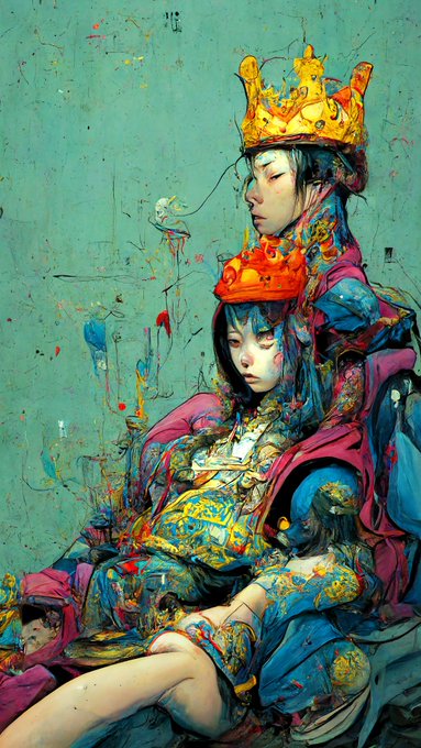 The image features a painting of two people sitting together with crowns on their heads. One person has an orange crown while the other wears a gold one. The background appears to be a green wall adorned with various splatters, giving the scene a vibrant and artistic feel. The caption "0009 tez, obkt" suggests that this artwork might have been created by someone named Tez or another individual who used the name "obkt".