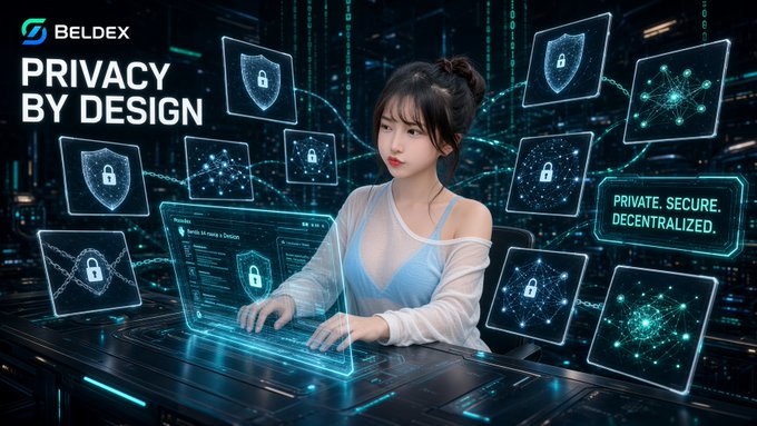 A Beldex advertisement featuring 'PRIVACY BY DESIGN' text, showing a woman typing on a glowing laptop surrounded by floating screens displaying lock icons, with the tagline 'PRIVATE. SECURE. DECENTRALIZED.'