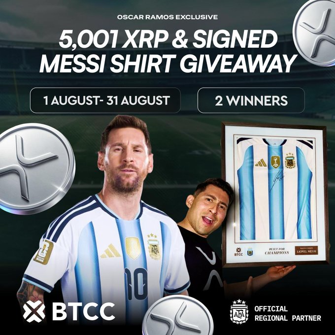 The image promotes an "Oscar Ramos Exclusive" giveaway offering 5,001 XRP and a signed Lionel Messi Argentina shirt to 2 winners during August 1-31, sponsored by BTCC as an official AFA (Argentine Football Association) regional partner. The accompanying post encourages users to participate via the bit.ly/btcc-ramos link before the Clarity Act, aligning with the image's promotion of the XRP and Messi memorabilia giveaway.