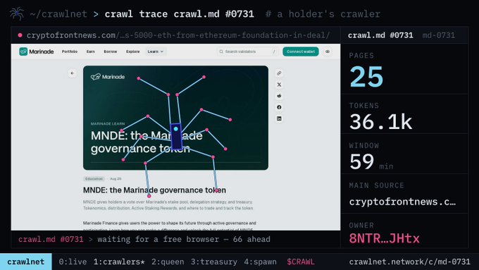 A terminal interface showing a web crawler interface for "crawl.md #0731", displaying a Marinade governance token article with stats: 25 pages, 36.1k tokens, and 59 min window.