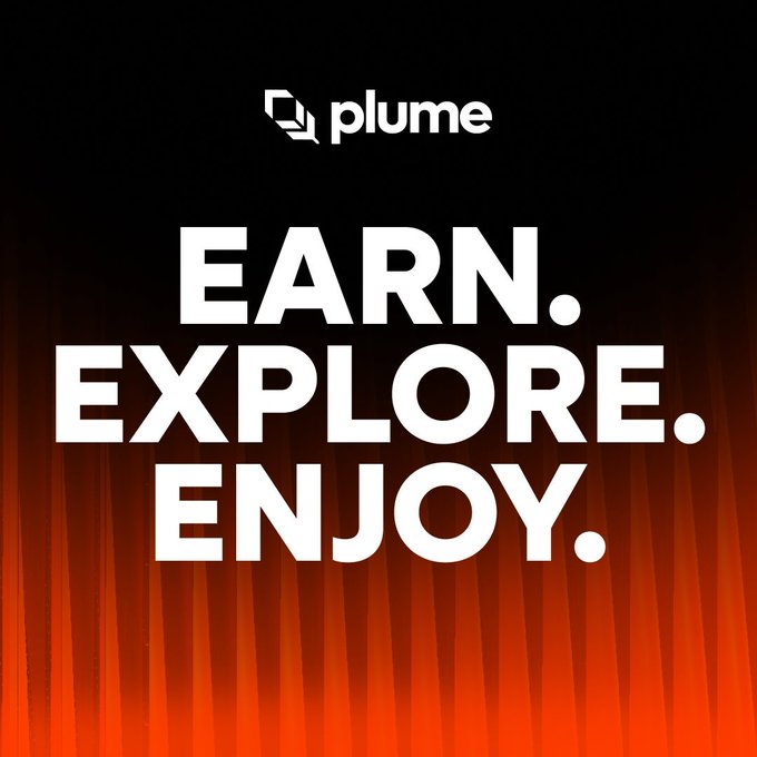 The image features the Plume logo and brand name at the top, with bold white text reading "EARN. EXPLORE. ENJOY." displayed against a dramatic red stage-curtain background, visually promoting Plume Network's current real-world asset (RWA) opportunities and inviting newcomers to engage with the platform.