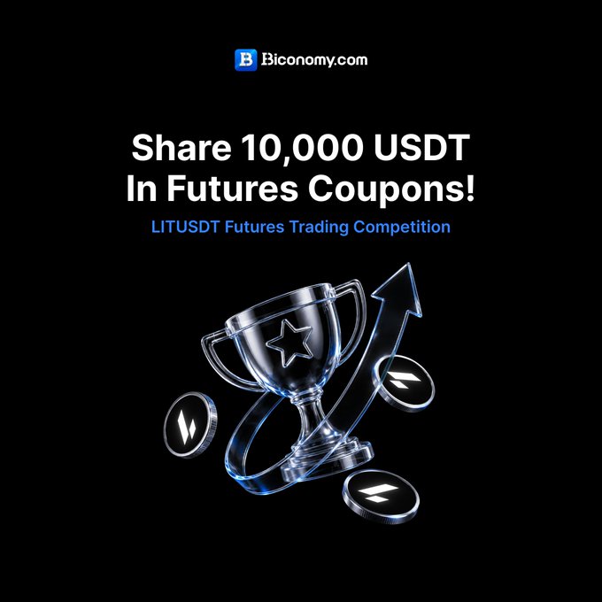 The image features a trophy cup with a "LITUSDT Futures Trading Competition" written on it, surrounded by scattered coins in various denominations. The text also includes some currency symbols like $ and £.