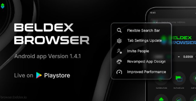 An advertisement for the 'BELDEX BROWSER' Android app Version 1.4.1, highlighting features like 'Flexible Search Bar,' 'Tab Settings Update,' 'Invite People,' 'Revamped App Design,' and 'Improved Performance,' available on the Play Store.