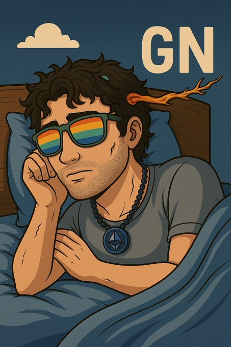 A digital illustration depicts a curly-haired man wearing rainbow-lensed sunglasses and an Ethereum necklace lying in bed with a wilted flower behind his ear, with 'GN' text in the upper right corner.