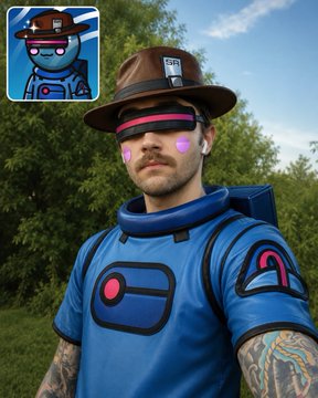 A man cosplays as a Space Riders character with a blue and pink spacesuit, brown hat, and round pink sunglasses—matching the cartoon astronaut in the top-left corner. The post jokes that the community had "too much fun" with a realistic AI recreation of the character, declaring "AI was a mistake."