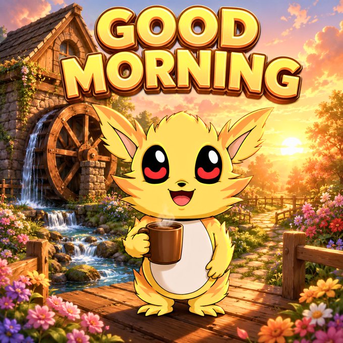 An illustrated yellow cartoon character with large red eyes holds a steaming mug in a colorful garden setting, with the text 'GOOD MORNING' displayed prominently.