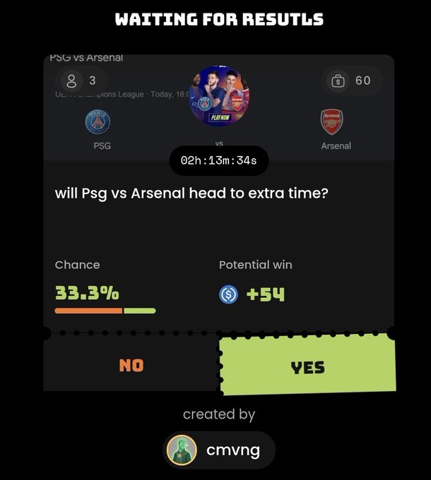 A screenshot of a poll asking if it's more likely that Psg or Arsenal would win extra time, with two options displayed - one for PSG and another for Arsenal. The poll also asks users whether they believe their choice will result in a potential win and provides information on how to share the poll link on social media using a specific image or code.