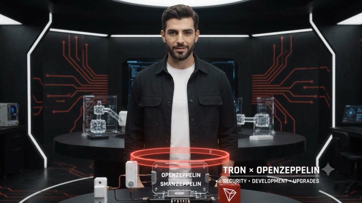 A man with dark hair and beard stands in a futuristic tech room with red circuit-board patterns, promoting a collaboration with text reading 'TRON x OPENZEPPELIN - SECURITY • DEVELOPMENT • UPGRADES'.