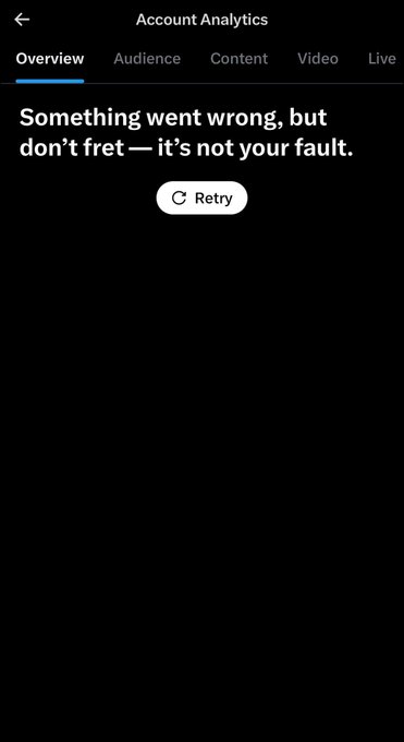 A mobile screen displaying an 'Account Analytics' error message that reads 'Something went wrong, but don't fret — it's not your fault' with a Retry button, showing tabs for Overview, Audience, Content, Video, and Live.