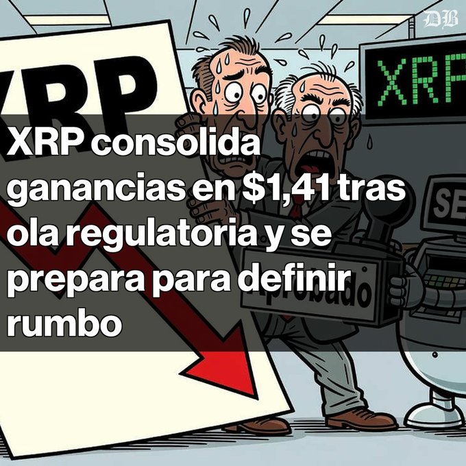 A worried cartoon duo of sweating businessmen stands beside a downward red arrow and an XRP stock ticker, visually capturing market anxiety, with overlaid text reading "XRP consolida ganancias en $1,41 tras ola regulatoria y se prepara para definir rumbo," reinforcing the post's message about XRP's 38% rally pause, 2.60% drop to $1.41, and SEC-driven regulatory developments affecting its near-term direction.