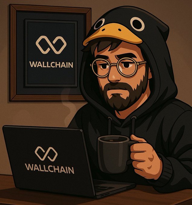 The image features a man sitting at a desk with his laptop open, wearing a penguin-themed hoodie and holding a coffee mug. The man appears to be focused on his work or browsing the internet while sipping his coffee. The post about Wallchain emphasizes that Quacks are often seen as points in reputation engines rather than leaderboards. This perspective is reflected in the image where the man's attention seems to be drawn towards Quacks, possibly due to their association with reputation management tools like Wallchain.