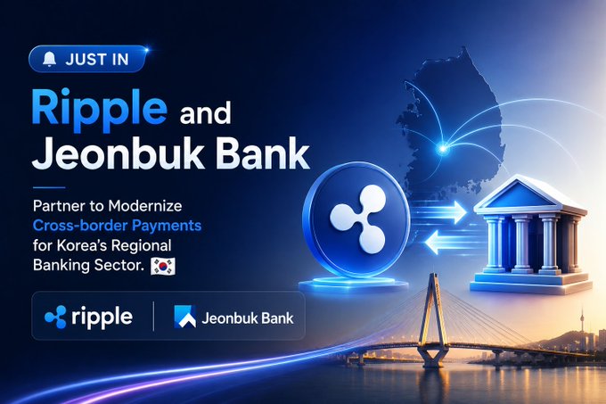 A news graphic announcing 'JUST IN: Ripple and Jeonbuk Bank Partner to Modernize Cross-border Payments for Korea's Regional Banking Sector', featuring the Ripple and Jeonbuk Bank logos with a map of Korea and bank imagery.