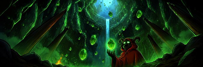 A hooded figure with glowing green eyes holds a radiant crystal amid floating gemstones inside a dark cavern, evoking the discovery of a hidden treasure. The mystical scene visually reinforces the post's theme of uncovering an undervalued, early-stage crypto project ($PR on Robinhood Chain) before it gains widespread attention.