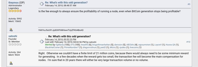 A forum thread with users 'theymos' and 'satoshi' discussing Bitcoin odd generation and transaction fees, dated February 2010.