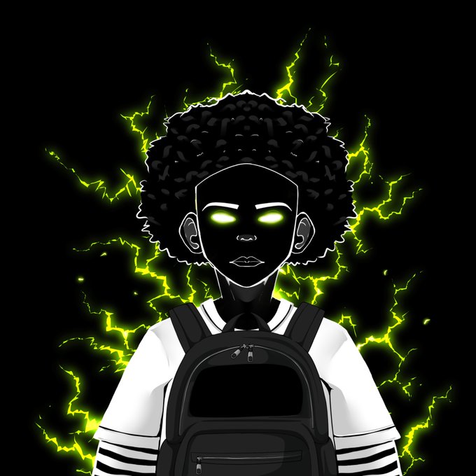 A stylized digital illustration features a character with a large afro, glowing green eyes, and a black backpack, surrounded by vibrant green lightning against a dark background—conveying a powerful, electric persona that matches the creator's tone of handling limited-supply NFT collaborations.