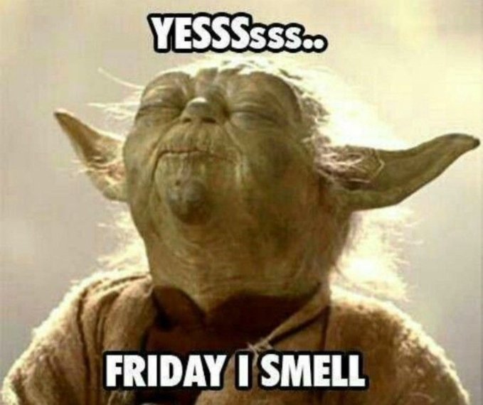 A Yoda meme with closed eyes and a blissful expression, captioned 'YESSSSSS..' at the top and 'FRIDAY I SMELL' at the bottom.