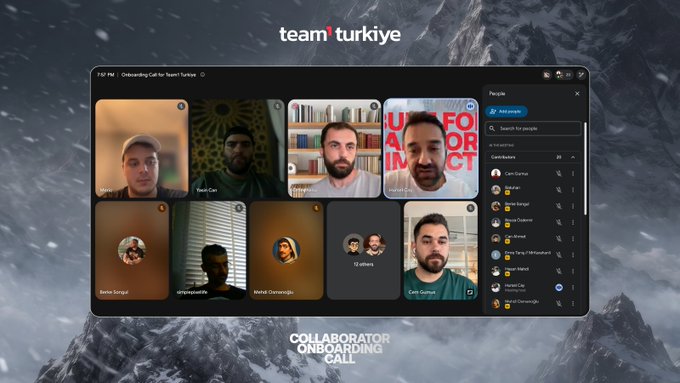 A "Team Türkiye" branding appears above a Microsoft Teams video call titled "Onboarding Call for Team1 Türkiye," showing nine participants in a grid with a sidebar listing teammates like Cem Ozkan, Onur Baran, and Berkin Songul, while text below labels it a "Collaborator Onboarding Call" — visually capturing the virtual meeting described in the post about welcoming new Team1 Türkiye collaborators.