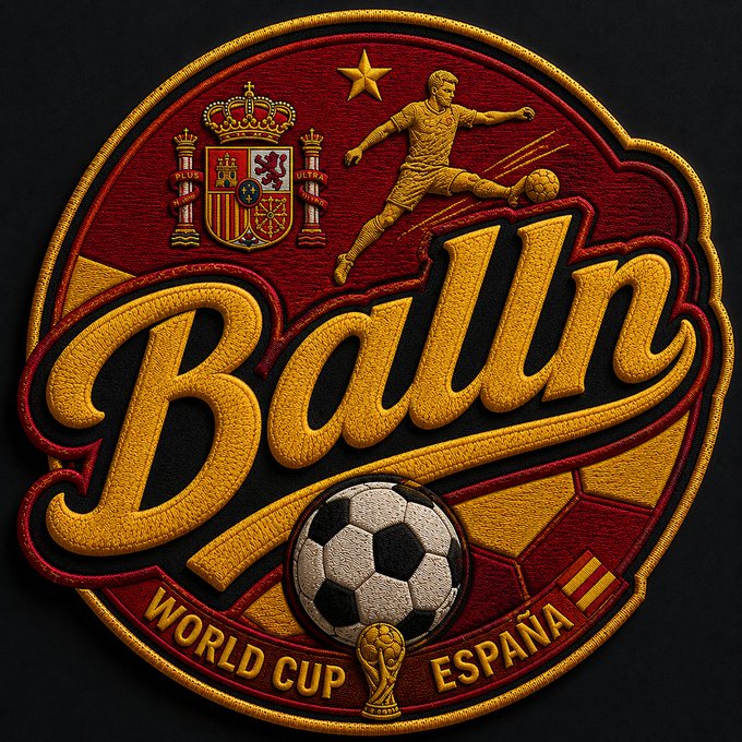An embroidered patch featuring a soccer/football player kicking a ball, the Spanish coat of arms, and the word 'Ball' in stylized gold script, with 'World Cup España' and a World Cup trophy at the bottom.