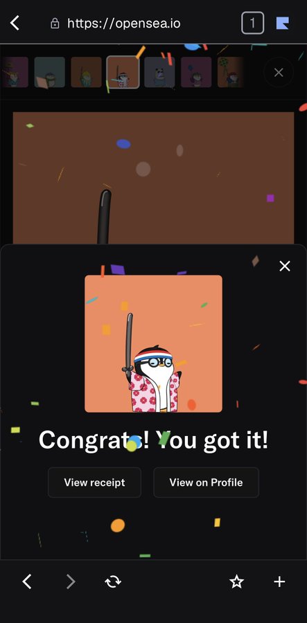 A mobile screenshot from opensea.io showing a 'Congrats! You got it!' message with an NFT depicting a character with glasses, a sword, and a pink patterned robe, surrounded by confetti.