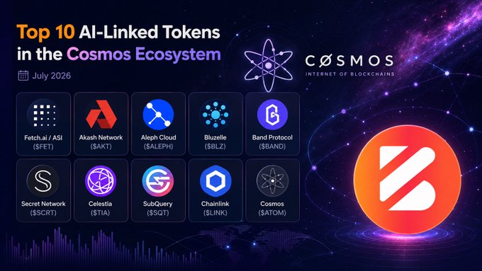 An infographic titled 'Top 10 AI-Linked Tokens in the Cosmos Ecosystem' dated July 2026, listing Fetch.ai ($FET), Akash Network ($AKT), Aleph Cloud ($ALEPH), Bluzelle ($BLZ), Band Protocol ($BAND), Secret Network ($SCRT), Celestia ($TIA), SubQuery ($SQT), Chainlink ($LINK), and Cosmos ($ATOM), with a large Z logo on the right.
