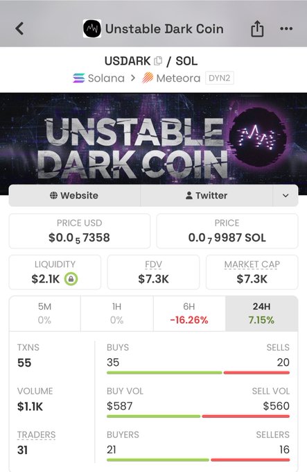A mobile app screenshot showing token information for 'Unstable Dark Coin' (USDARK/SOL) on the Solana/Meteora exchange, displaying a price of $0.0007358, a market cap of $7.3K, and a 24H change of 7.15%.