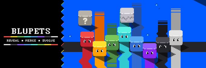 The image shows a graphic design featuring colorful cubes and text that says "Bluppets" at the top. The text also mentions an Eth collection and hints at mint dates and prices. Additionally, there are other posts on the same site.