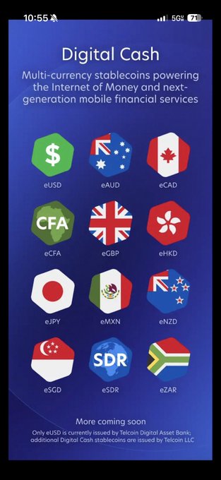 A mobile app screenshot for 'Digital Cash' displaying multi-currency stablecoins (eUSD, eAUD, eCAD, eCFA, eGBP, eHKD, eJPY, eMXN, eNZD, eSGD, eSDR, eZAR) with their respective national flag icons on a blue background.