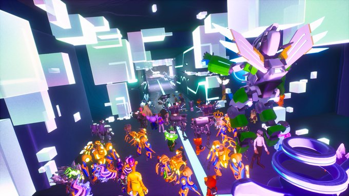 A vibrant video game scene, likely from Roblox, showing numerous colorful blocky character avatars gathered in a futuristic digital environment with glowing cubes and a large pink crystal structure.