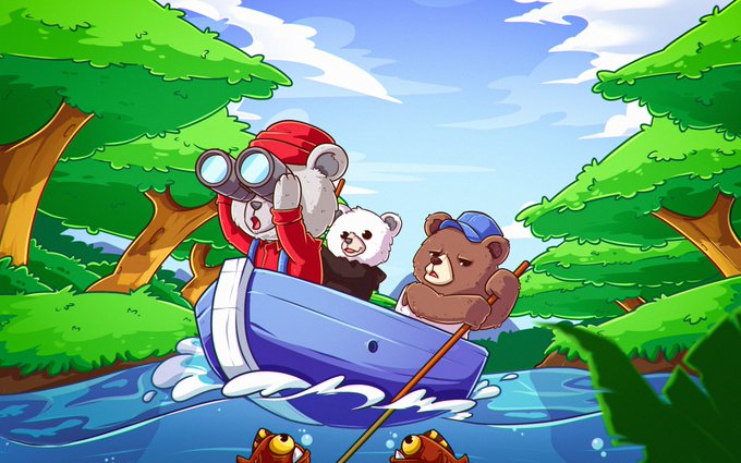 Three cartoon bears in a blue boat navigate a jungle river, with one peering through binoculars while another rows, and fish swimming below. The whimsical illustration captures the playful "fuzzies" branding of the fuzzies.fun giveaway promotion.