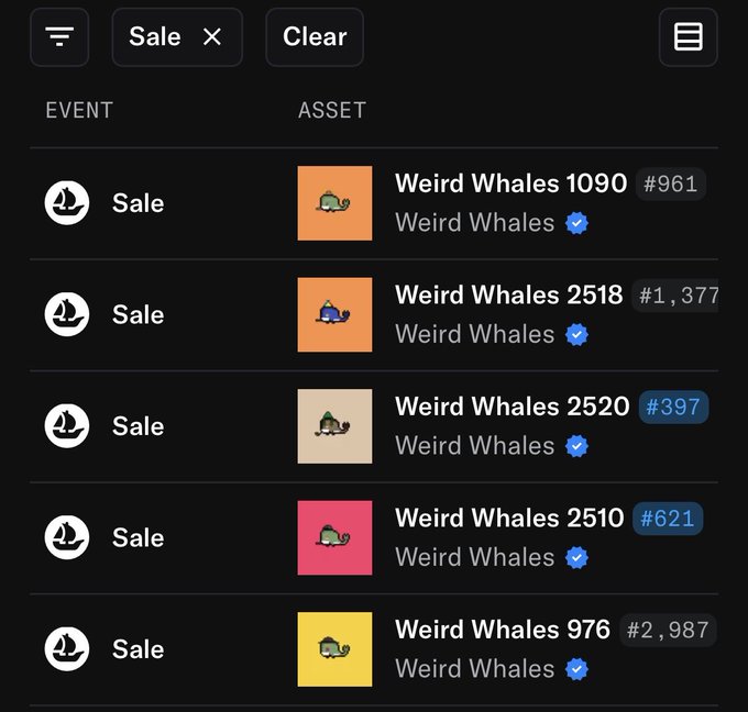 Screenshot of an NFT marketplace activity feed showing multiple 'Sale' events for various 'Weird Whales' assets with different ID numbers.