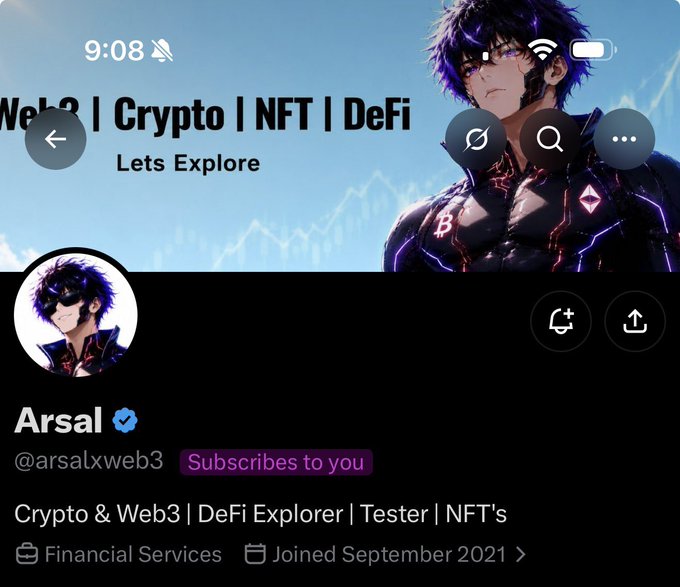 A screenshot of a Twitter/X profile for "Arsal" (@arsalxweb3), featuring an anime-style banner reading "Web3 | Crypto | NFT | DeFi - Lets Explore" with a "Subscribes to you" badge displayed beneath the handle. The profile is verified and shows that Arsal joined in September 2021, confirming the new subscriber mentioned in the accompanying welcome post.