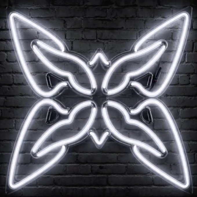 A glowing white neon butterfly light fixture with intricate wing patterns mounted on a dark brick wall.