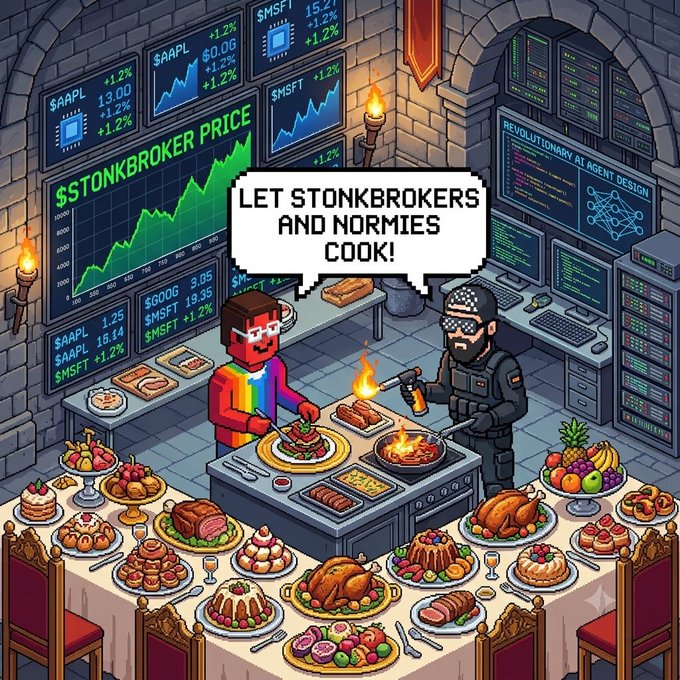 A pixel art scene depicting two characters in a kitchen filled with stock charts and crypto prices ($STONK, $APPL, $MSFT, $GOOG), cooking food while a speech bubble reads 'LET STONKBROKERS AND NORMIES COOK!'.