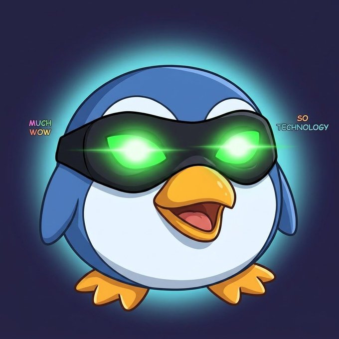 A cartoon illustration of a blue penguin character wearing black VR-style goggles with glowing green lenses, with text 'MUCH WOW' on the left and 'SO TECHNOLOGY' on the right against a dark background.