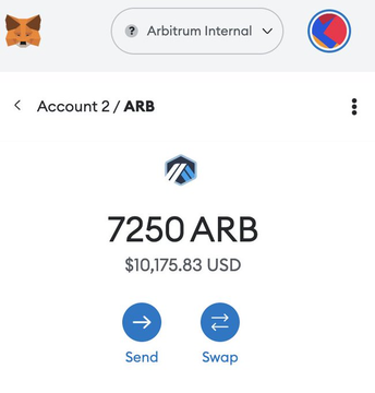 Cryptocurrency wallet interface showing a balance of 7250 ARB (Arbitrum) valued at $10,175.83 USD, with Send and Swap options.