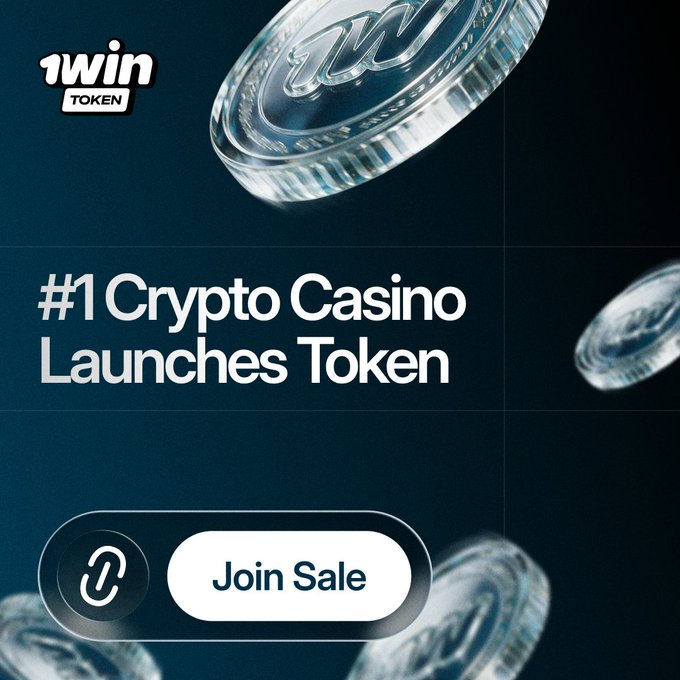 A promotional graphic for 1win Token announcing the "#1 Crypto Casino Launches Token" featuring a silver 1WIN coin against a dark blue background, with a "Join Sale" call-to-action button, supporting the announcement of the $1WIN token launch on Solana.