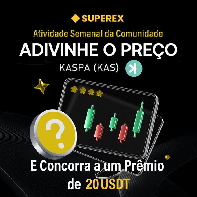 A promotional graphic for 'SUPEREX' advertising a weekly community activity in Portuguese: 'ADIVINHE O PREÇO KASPA (KAS)' with a chance to win a 'Prêmio de 20 USDT', featuring a candlestick chart graphic.