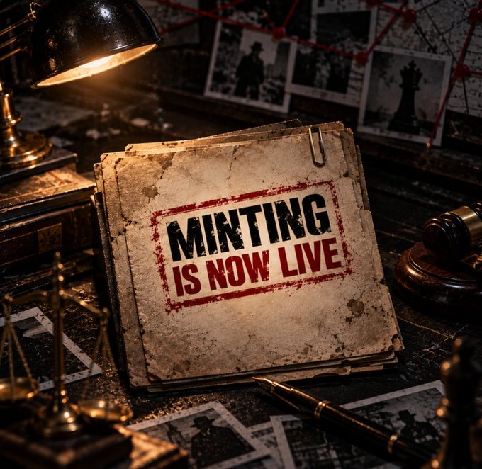 A vintage detective-style scene shows a worn folder stamped 'MINTING IS NOW LIVE' on a wooden desk surrounded by photographs, a pen, a lamp, and a gavel.