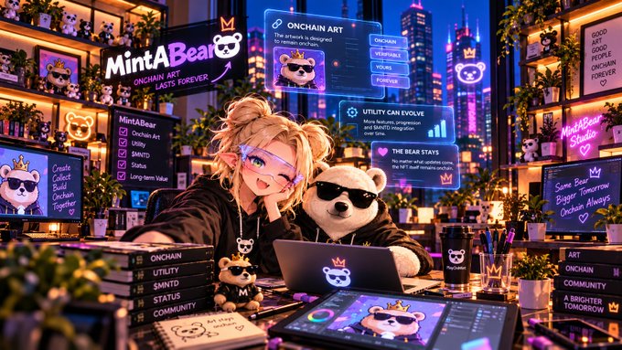 A vibrant anime-style artist works alongside a sunglasses-wearing bear mascot in a neon-lit studio, surrounded by "MintABear" branding with details like "ONCHAIN ART," "UTILITY CAN EVOLVE," and "THE BEAR STAYS FOREVER" displayed across monitors and signs—visually reinforcing the post's focus on the NFT's permanent onchain art and evolving utility tied to $MNTD and Status mechanics.