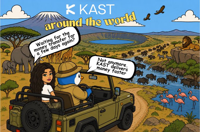 An illustrated KAST advertisement titled 'around the world' shows a woman and a blue mascot in a safari vehicle with text bubbles stating 'Waiting for the money transfer for a few days again?' and 'Not anymore. KAST delivers money faster.'
