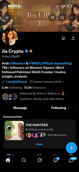 A social media profile for 'Jia Crypto' (@Jia_Lilly01) with 57.2K followers, describing herself as an 'Amb @Binance & @WEEX_Official @peachfg' and 'Most Followed Pakistani Web3 Creator', featuring links to t.me/jialillyhub.
