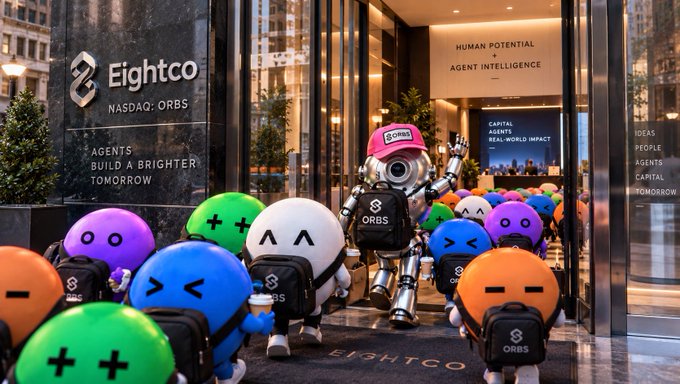 A 3D illustration shows colorful spherical characters with ORBS logos gathered at an 'Eightco' (NASDAQ: ORBS) building with signs reading 'HUMAN POTENTIAL', 'AGENT INTELLIGENCE', and 'AGENTS BUILD A BRIGHTER TOMORROW'.