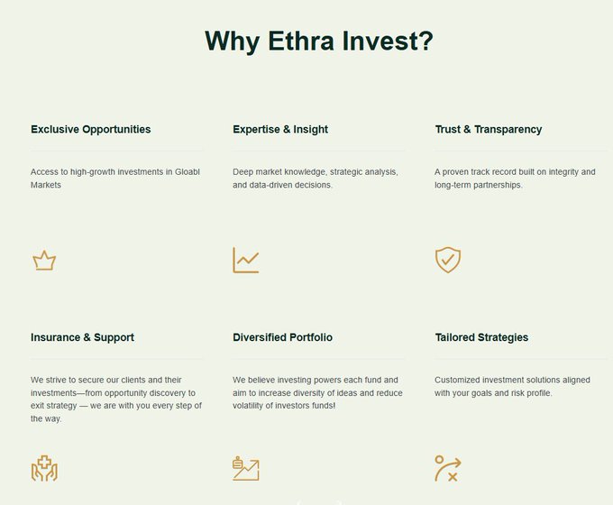 A website section titled 'Why Ethra Invest?' outlines six key benefits including 'Exclusive Opportunities', 'Expertise & Insight', 'Trust & Transparency', 'Insurance & Support', 'Diversified Portfolio', and 'Tailored Strategies', each accompanied by a small orange icon.