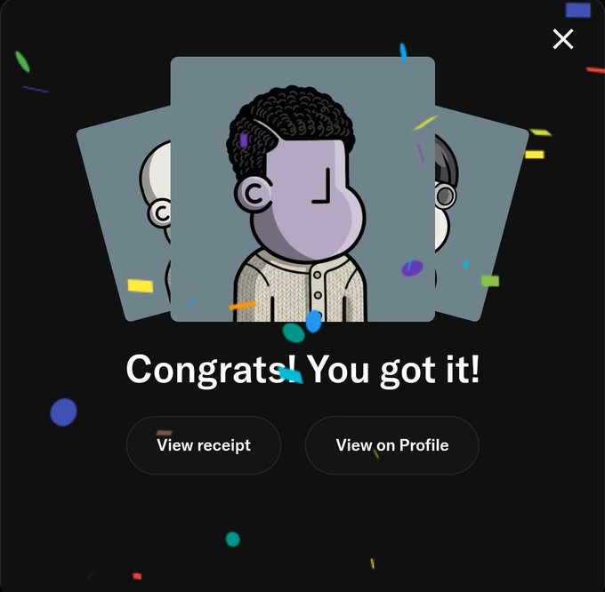 A celebratory pop-up displays "Congrats! You got it!" above three cartoon character cards and buttons to "View receipt" or "View on Profile," with confetti scattered across a dark background. The image captures a successful NFT purchase on-chain, visually representing the moment the user reacquired NPC tokens after selling them previously.