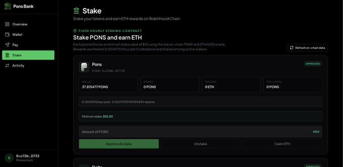 A screenshot of the 'Pons Bank' DeFi staking interface showing a wallet balance of 37.815477 PONS and options to stake, unstake, or claim ETH rewards.