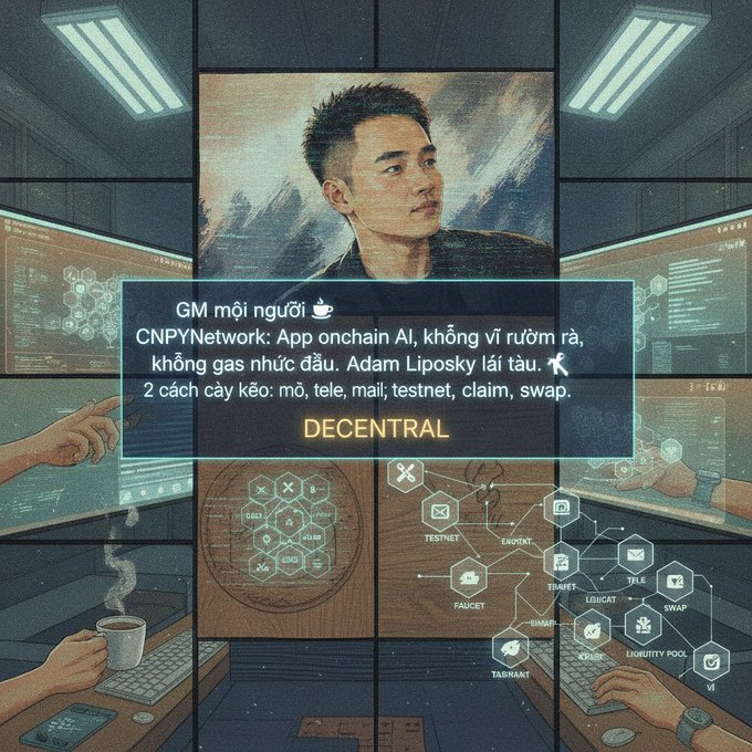 A stylized digital art image features a man's portrait and Vietnamese text promoting an AI blockchain app called 'CNPYNetwork' by 'Adam Liposky', with 'DECENTRAL' branding and a flowchart showing faucets, wallets, and tokenomics.