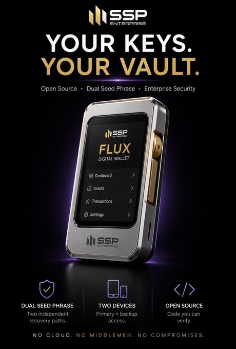 The image features a silver device with a purple background, which appears to be an electronic wallet or keychain. The device has a screen that displays various information about its capabilities and features. The text on the device reads "OWNERSHIP IS THE ULTIMATE SECURITY. Open-source. Enterprise-grade. Self-custody. SSP Enterprise was built for those who believe ownership should actually mean ownership." This suggests that the device is designed to provide users with a secure and private way of managing their digital assets, such as cryptocurrencies or personal finances. The device's open source nature implies that its code can be accessed by anyone, allowing them to contribute to its development and improve its security features over time.